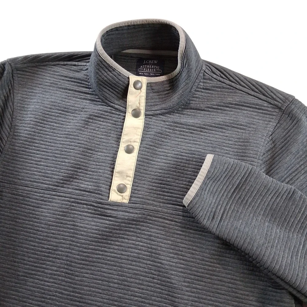 J. Crew Authentic Fleece Pullover Mens Medium Gray Ribbed Snap Mock Neck